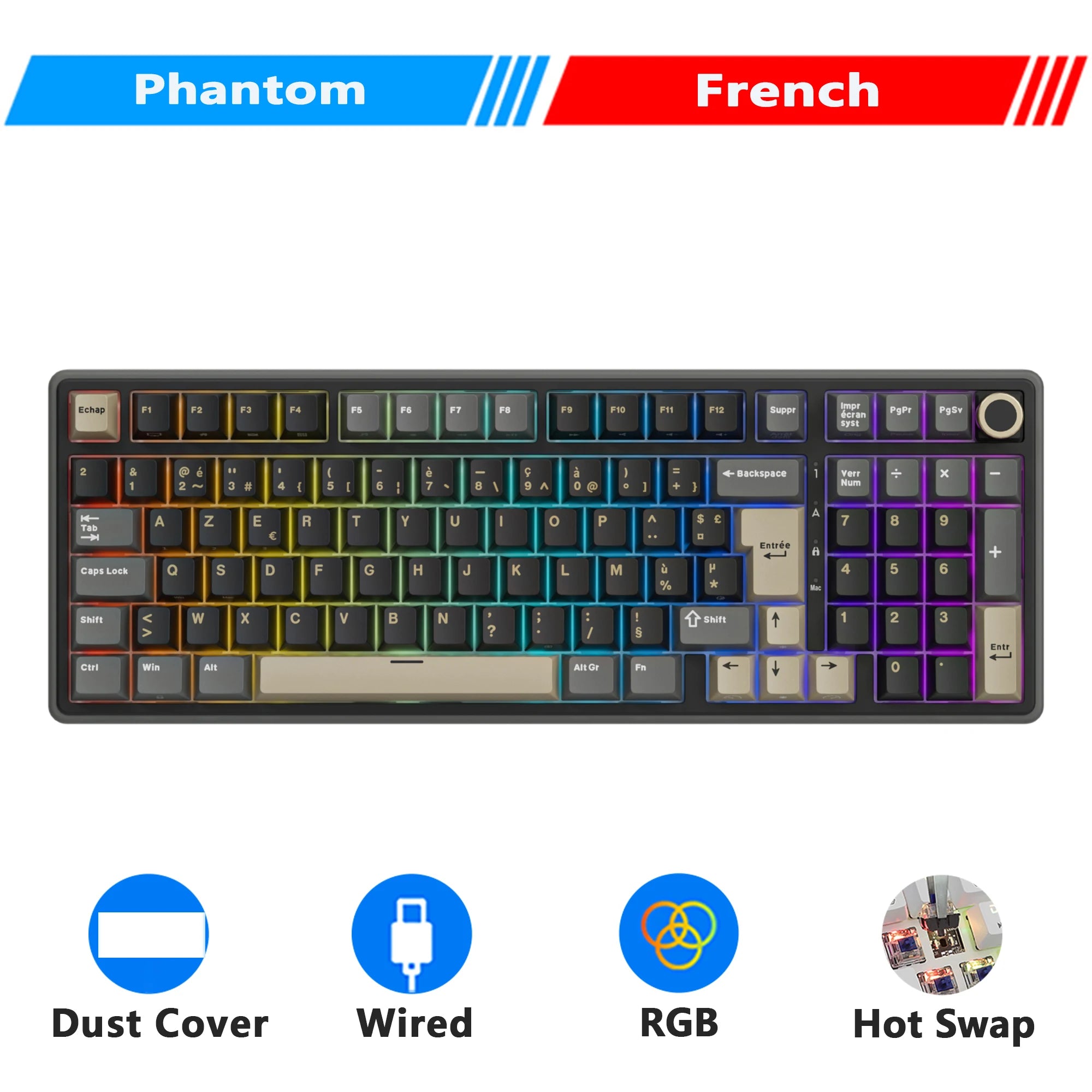 Clavier Mécanique AZERTY RK R98 Pro – 98 Touches, Switches Interchangeables, RGB Personnalisable, Tactile & Silencieux, Boutons Enfichables, Touches PBT Premium