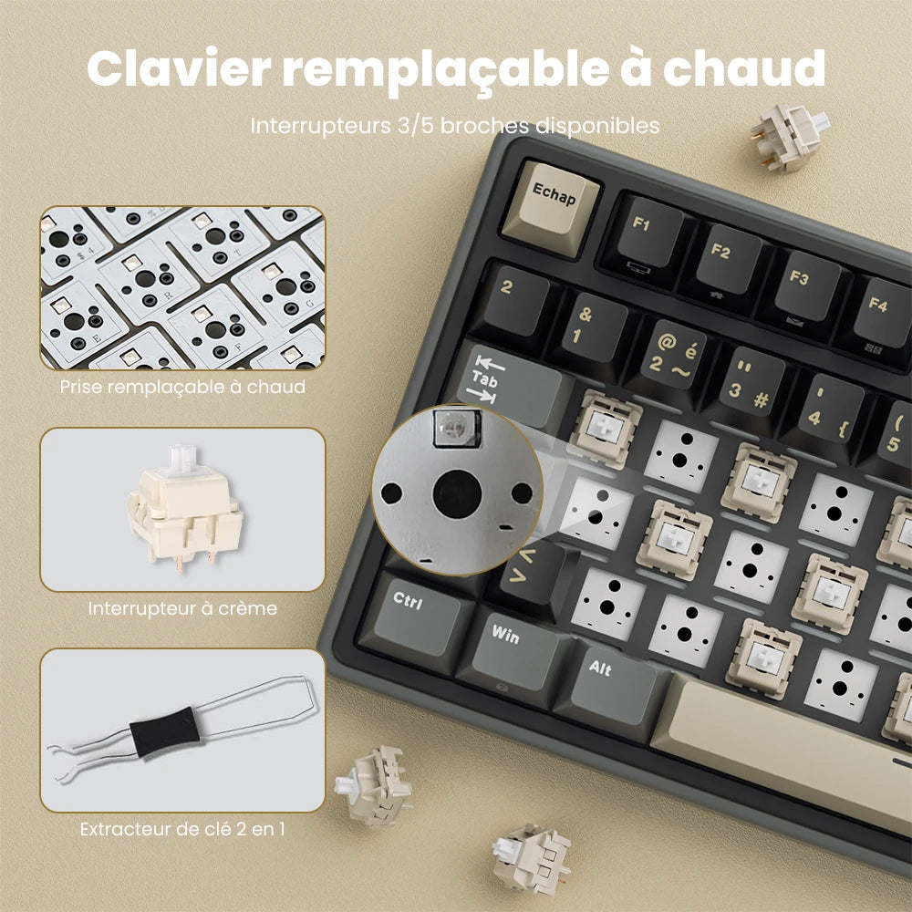 Clavier Mécanique AZERTY RK R98 Pro – 98 Touches, Switches Interchangeables, RGB Personnalisable, Tactile & Silencieux, Boutons Enfichables, Touches PBT Premium