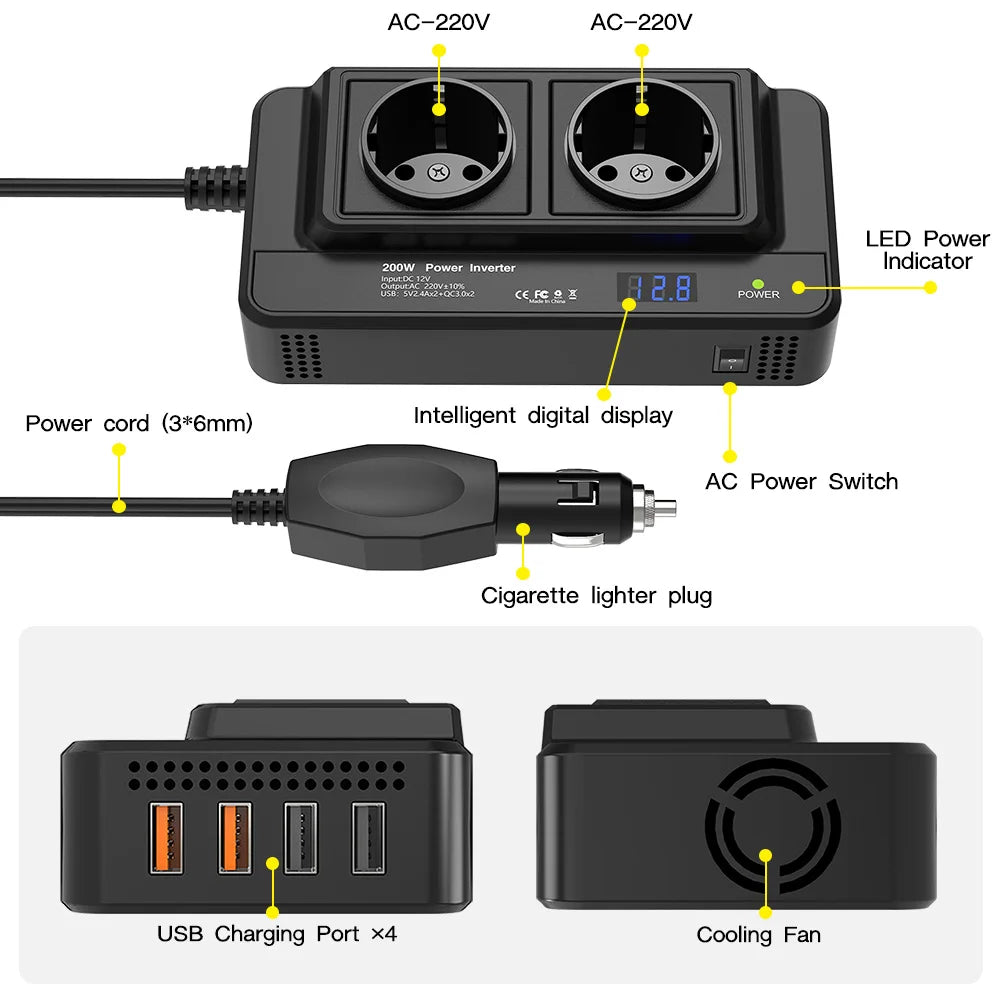 Convertisseur 12V → 220V 200W – 2 Prises + 4 Ports USB QC3.0
