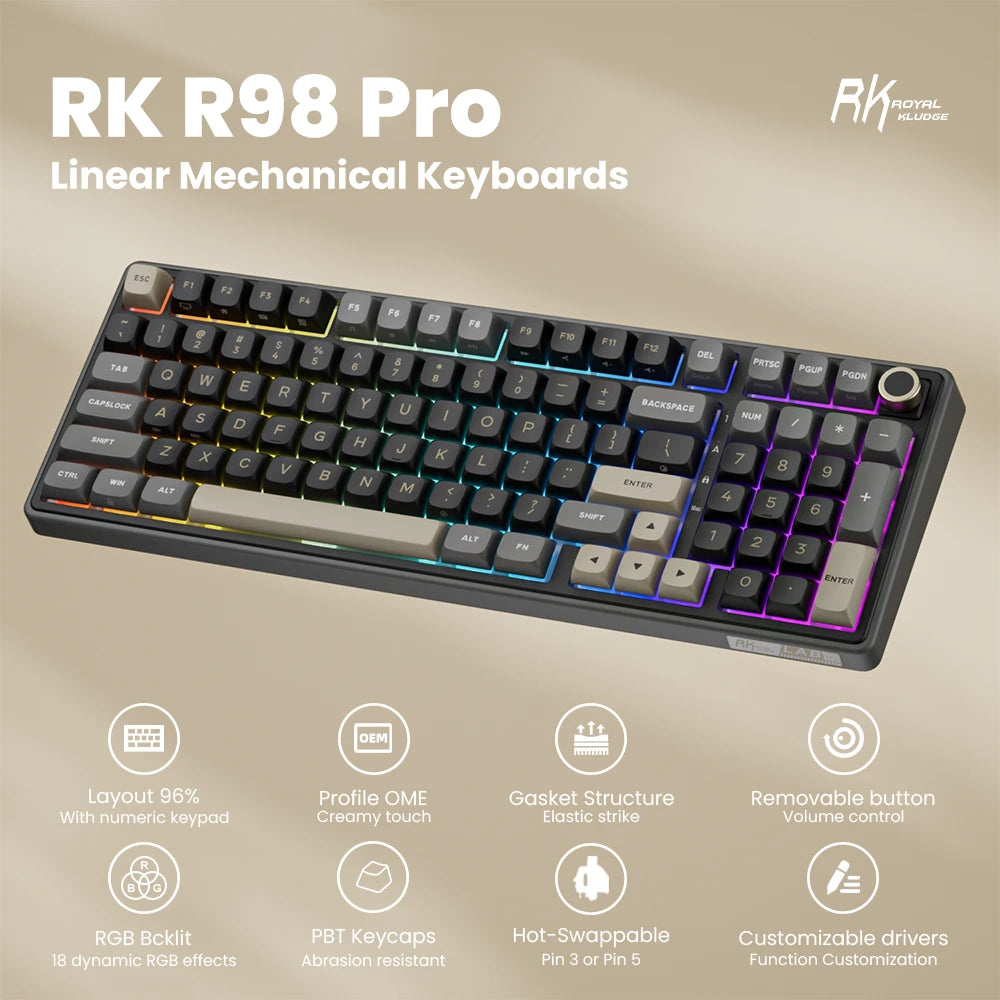 Clavier Mécanique AZERTY RK R98 Pro – 98 Touches, Switches Interchangeables, RGB Personnalisable, Tactile & Silencieux, Boutons Enfichables, Touches PBT Premium