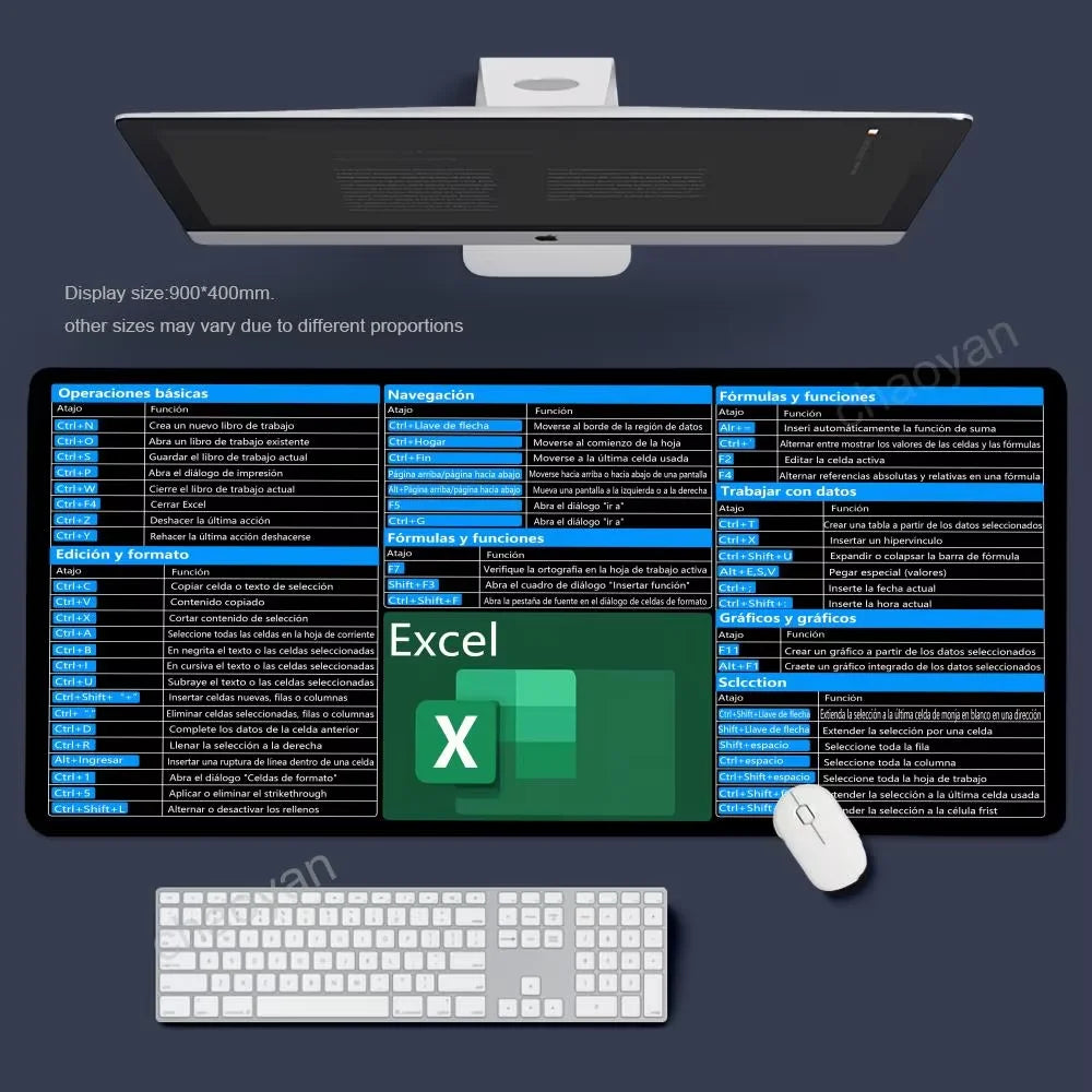 Tapis de Souris XXL Raccourcis Excel – Grand Tapis Antidérapant avec Bords Cousus, Accessoire de Bureau & Gaming, Ultra-Large pour Clavier + Souris