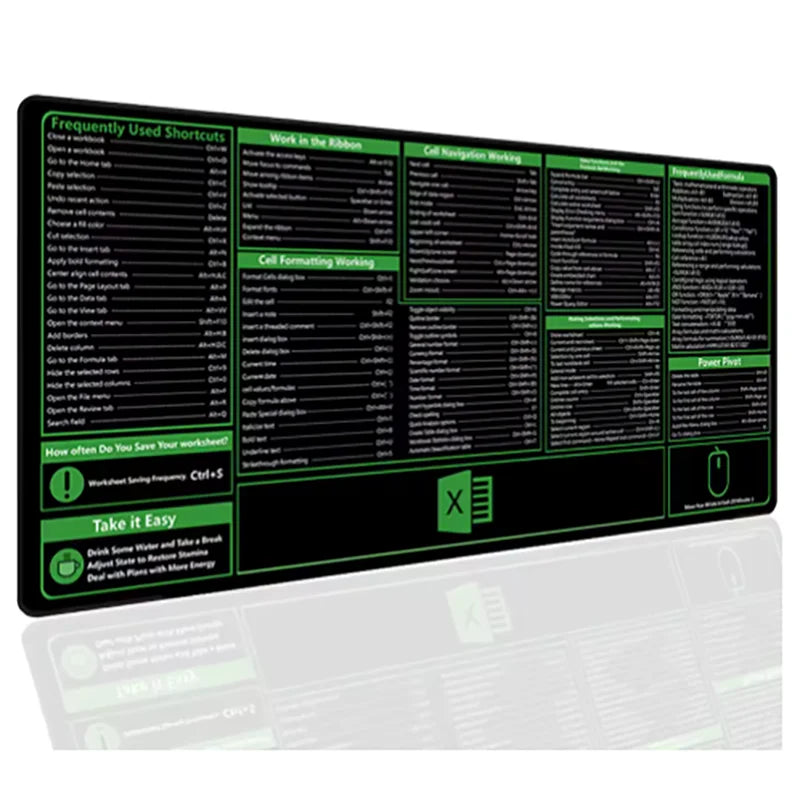 Tapis de Souris XXL Raccourcis Excel – Grand Tapis Antidérapant avec Bords Cousus, Accessoire de Bureau & Gaming, Ultra-Large pour Clavier + Souris
