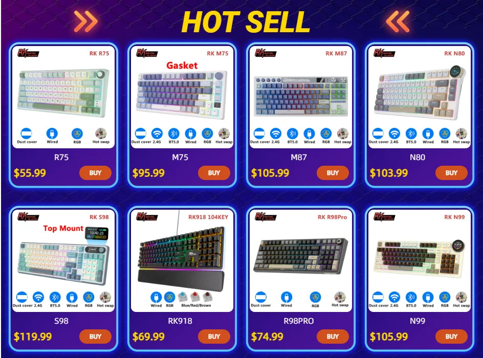 Clavier Mécanique AZERTY RK R98 Pro – 98 Touches, Switches Interchangeables, RGB Personnalisable, Tactile & Silencieux, Boutons Enfichables, Touches PBT Premium