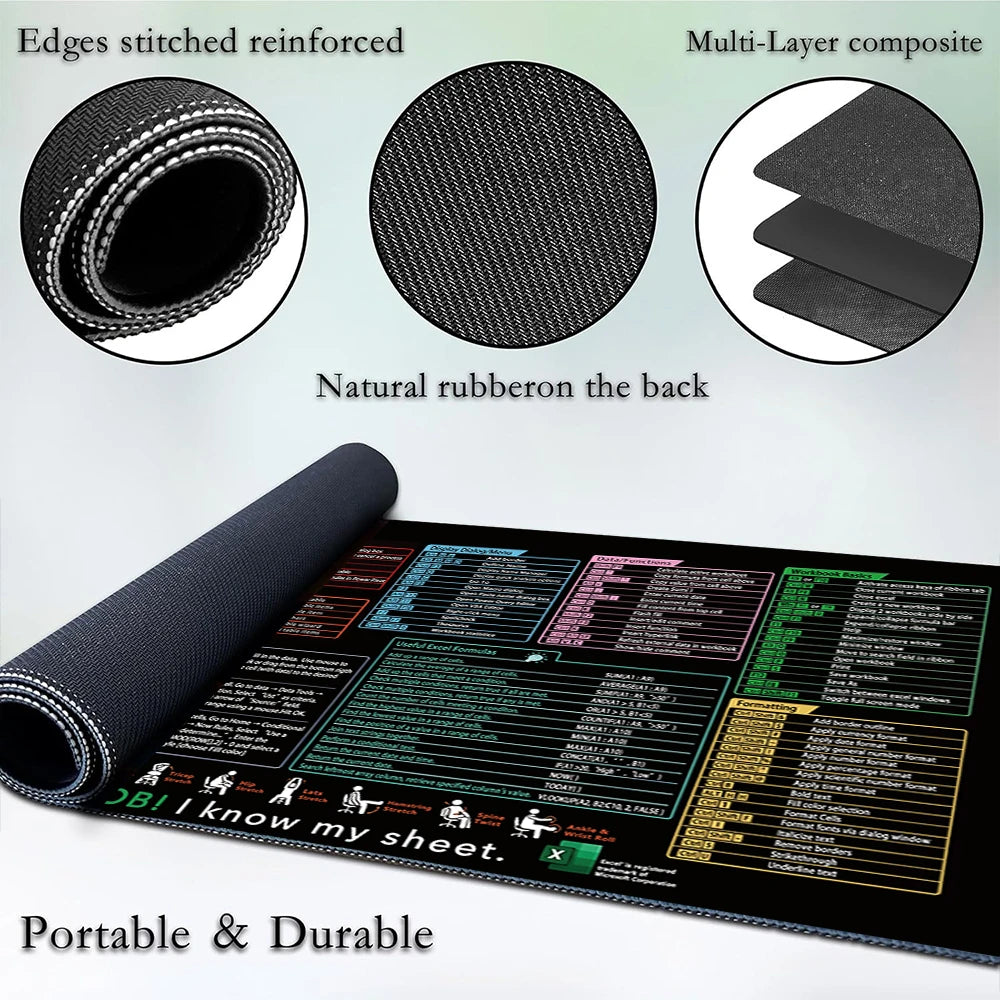 Tapis de Souris XXL Raccourcis Excel – Grand Tapis Antidérapant avec Bords Cousus, Accessoire de Bureau & Gaming, Ultra-Large pour Clavier + Souris