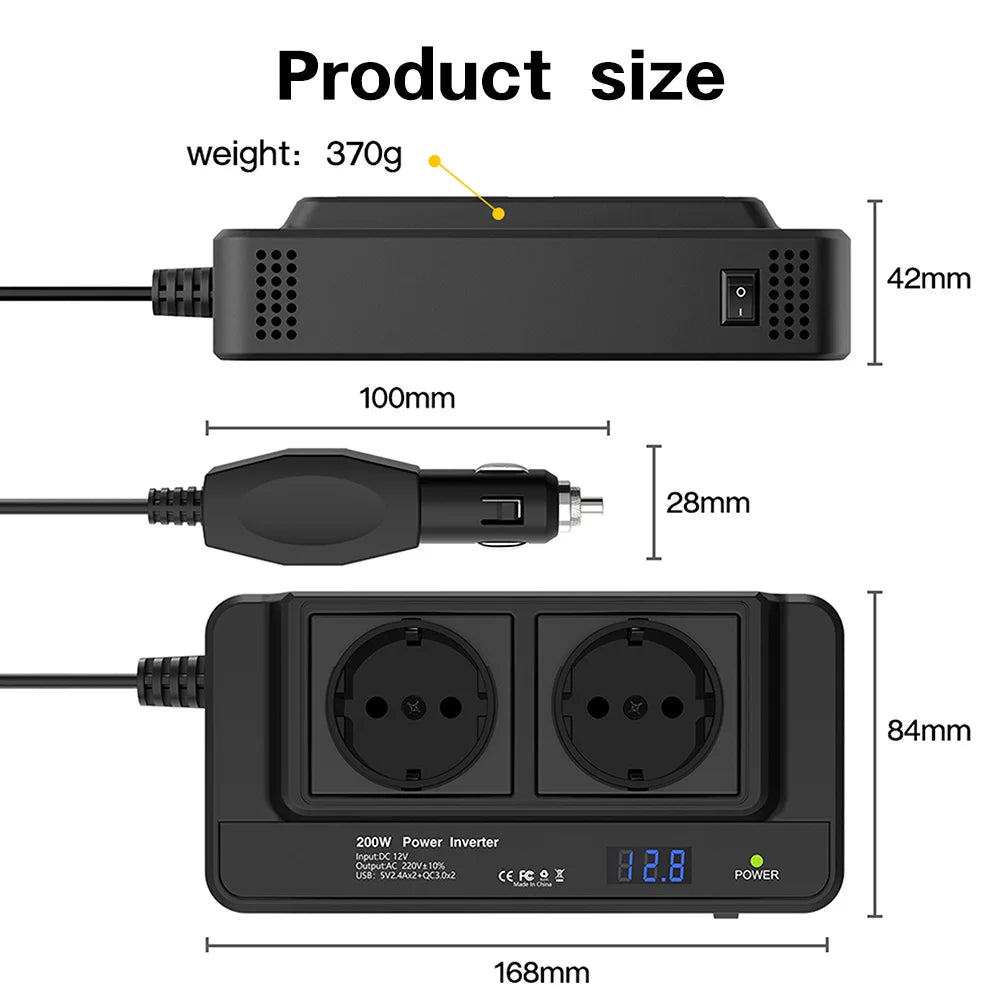 Convertisseur 12V → 220V 200W – 2 Prises + 4 Ports USB QC3.0