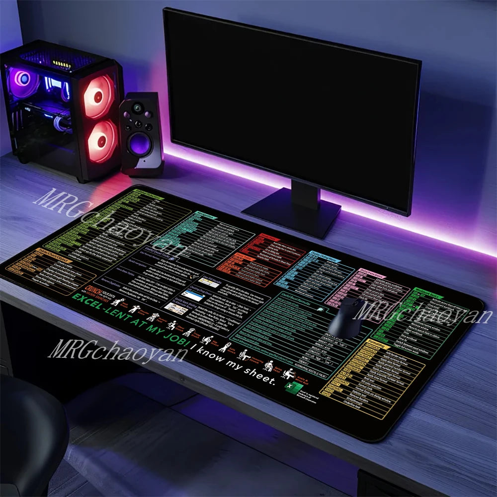 Tapis de Souris XXL Raccourcis Excel – Grand Tapis Antidérapant avec Bords Cousus, Accessoire de Bureau & Gaming, Ultra-Large pour Clavier + Souris