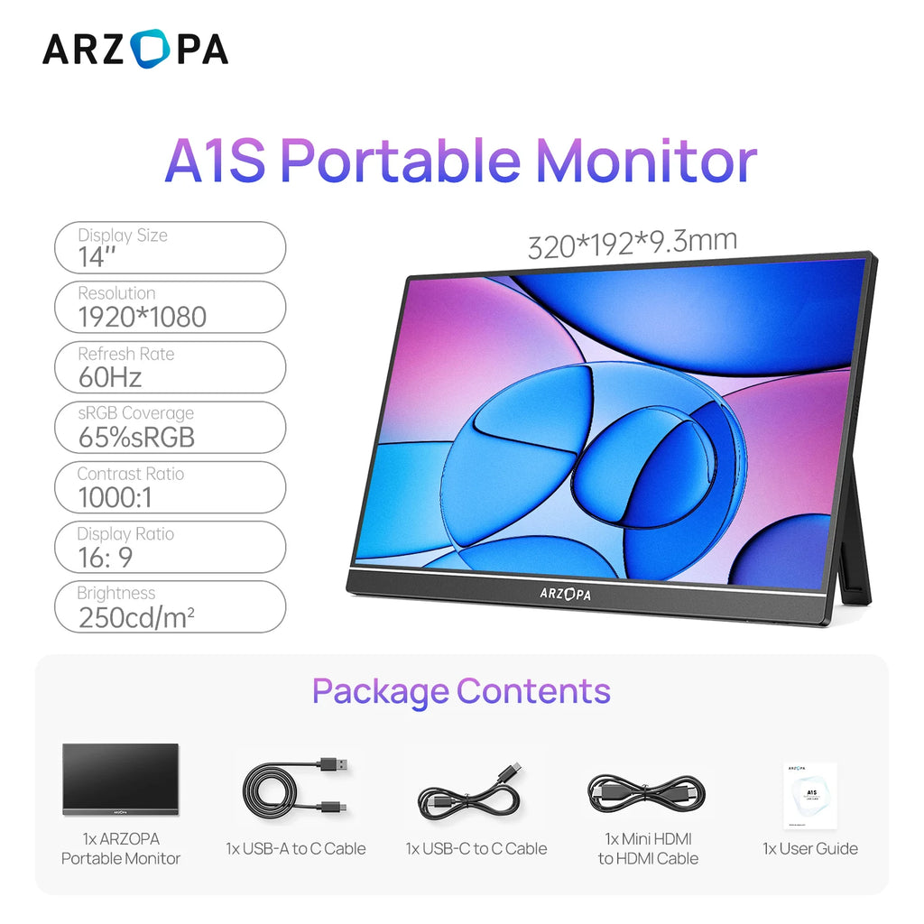 Écran Portable ARZOPA 14” FHD 1080P – Moniteur IPS USB-C & HDMI, Second Écran pour PC