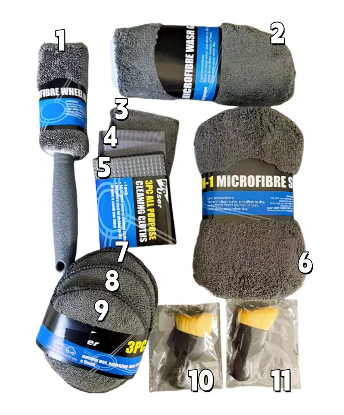 Kit de Nettoyage Auto 11 Pièces – Microfibres, Brosses & Éponges de Détailing