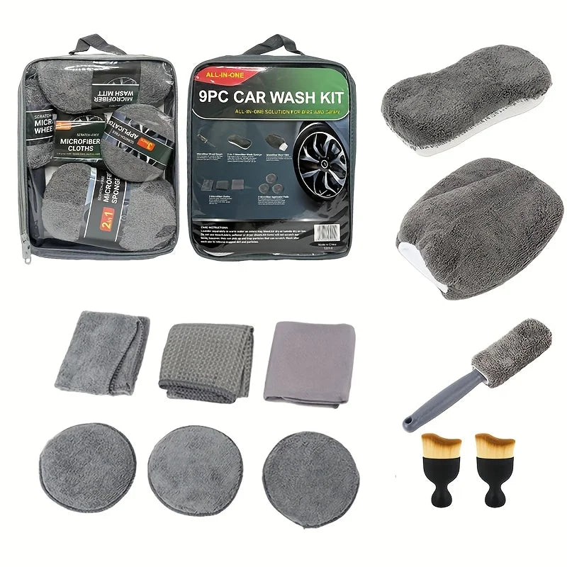 Kit de Nettoyage Auto 11 Pièces – Microfibres, Brosses & Éponges de Détailing