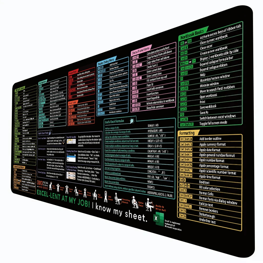 Tapis de Souris XXL Raccourcis Excel – Grand Tapis Antidérapant avec Bords Cousus, Accessoire de Bureau & Gaming, Ultra-Large pour Clavier + Souris