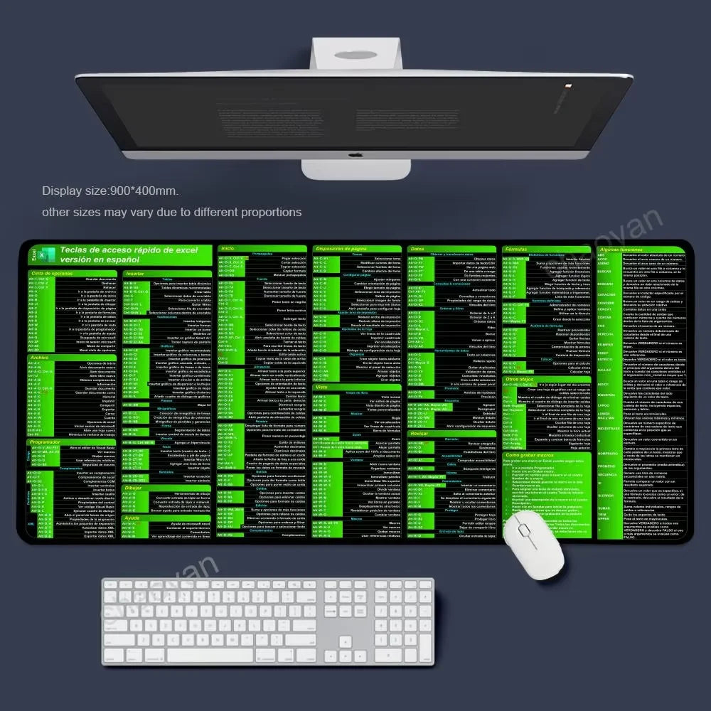 Tapis de Souris XXL Raccourcis Excel – Grand Tapis Antidérapant avec Bords Cousus, Accessoire de Bureau & Gaming, Ultra-Large pour Clavier + Souris