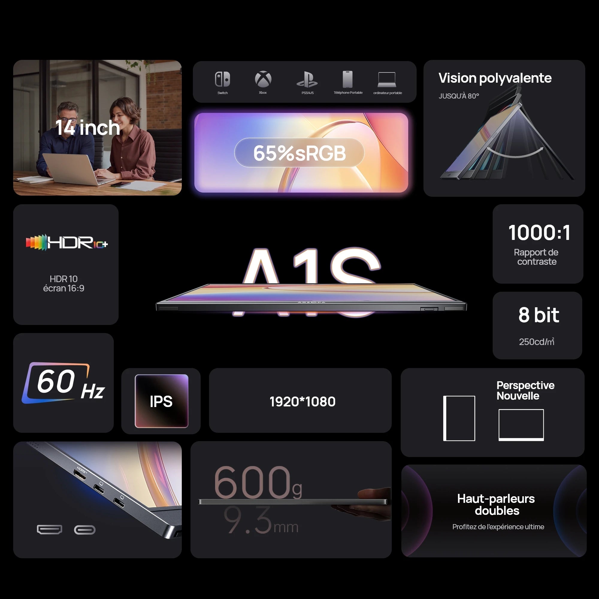 Écran Portable ARZOPA 14” FHD 1080P – Moniteur IPS USB-C & HDMI, Second Écran pour PC