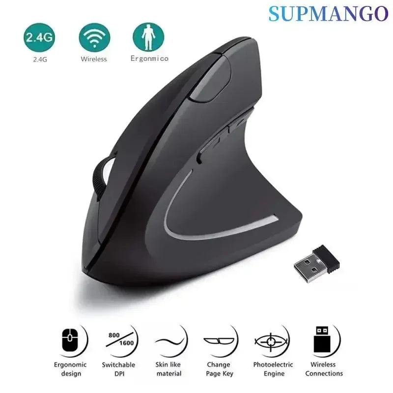 Souris Verticale Ergonomique Sans Fil – 2.4GHz, 3 Niveaux DPI (800/1200/1600), Réduction de la Douleur au Poignet, Compatible PC & Ordinateur Portable