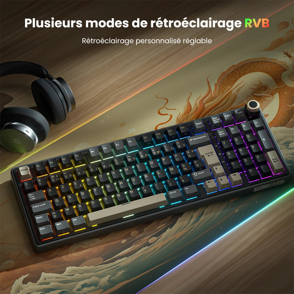 Clavier Mécanique AZERTY RK R98 Pro – 98 Touches, Switches Interchangeables, RGB Personnalisable, Tactile & Silencieux, Boutons Enfichables, Touches PBT Premium