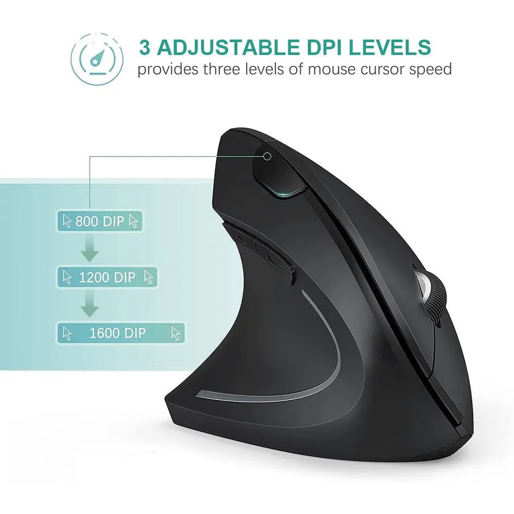 Souris Verticale Ergonomique Sans Fil – 2.4GHz, 3 Niveaux DPI (800/1200/1600), Réduction de la Douleur au Poignet, Compatible PC & Ordinateur Portable
