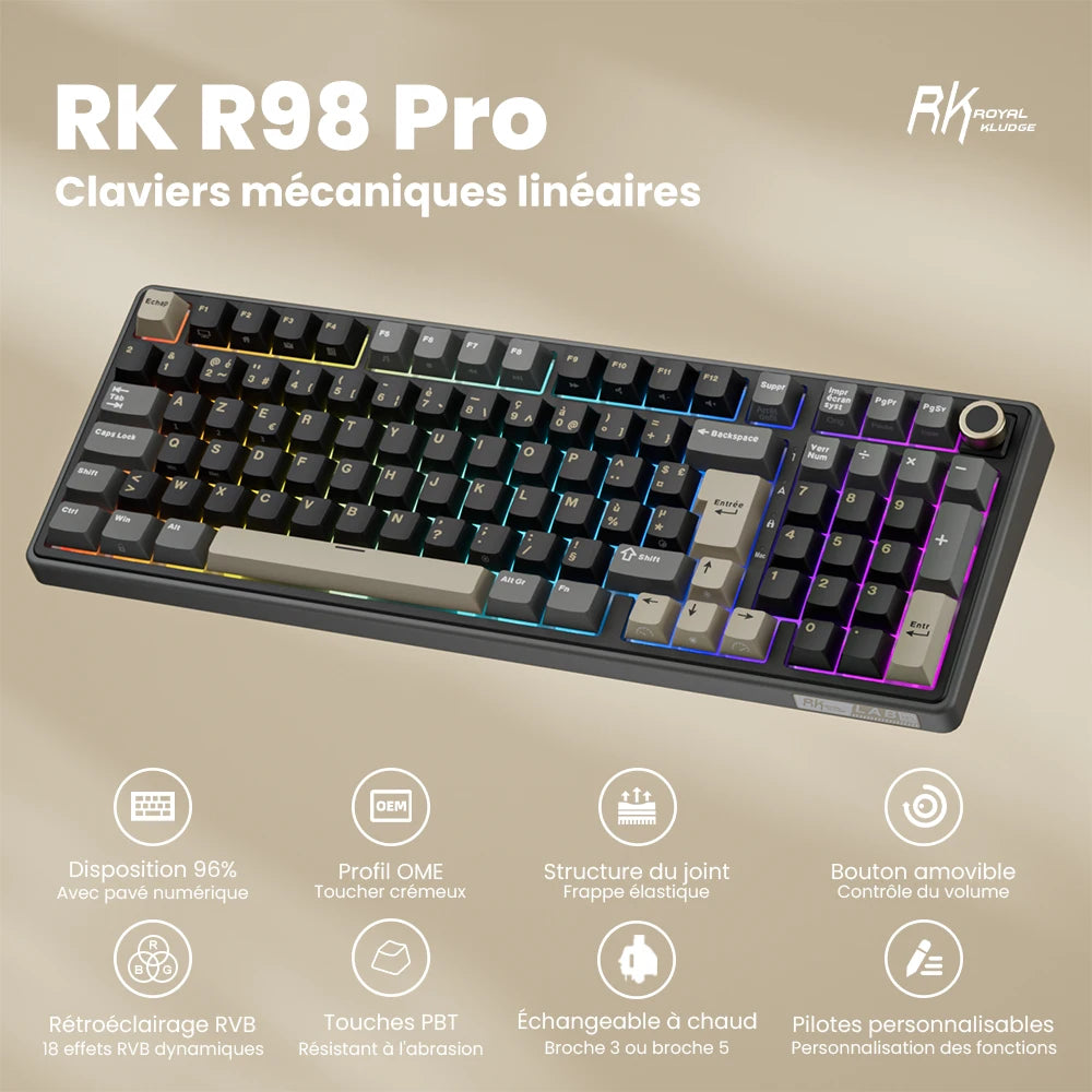 Clavier Mécanique AZERTY RK R98 Pro – 98 Touches, Switches Interchangeables, RGB Personnalisable, Tactile & Silencieux, Boutons Enfichables, Touches PBT Premium