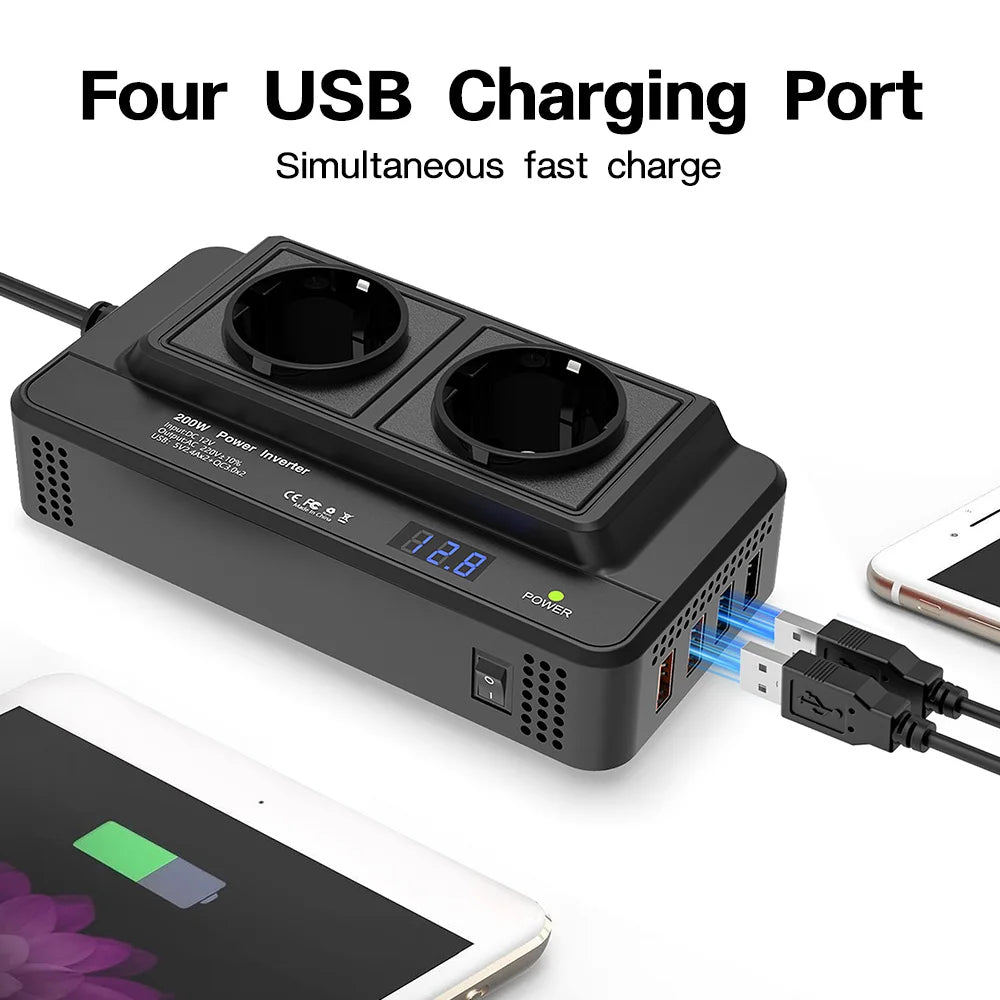 Convertisseur 12V → 220V 200W – 2 Prises + 4 Ports USB QC3.0
