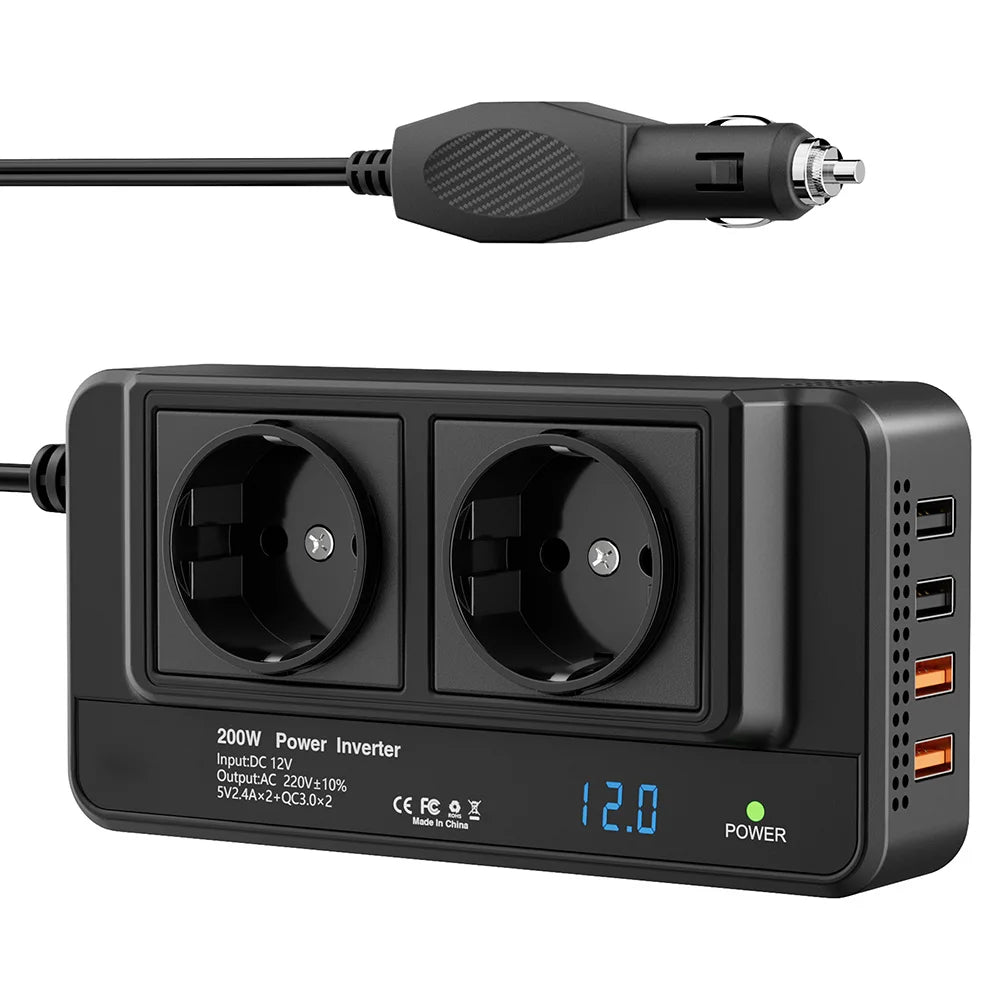 Convertisseur 12V → 220V 200W – 2 Prises + 4 Ports USB QC3.0