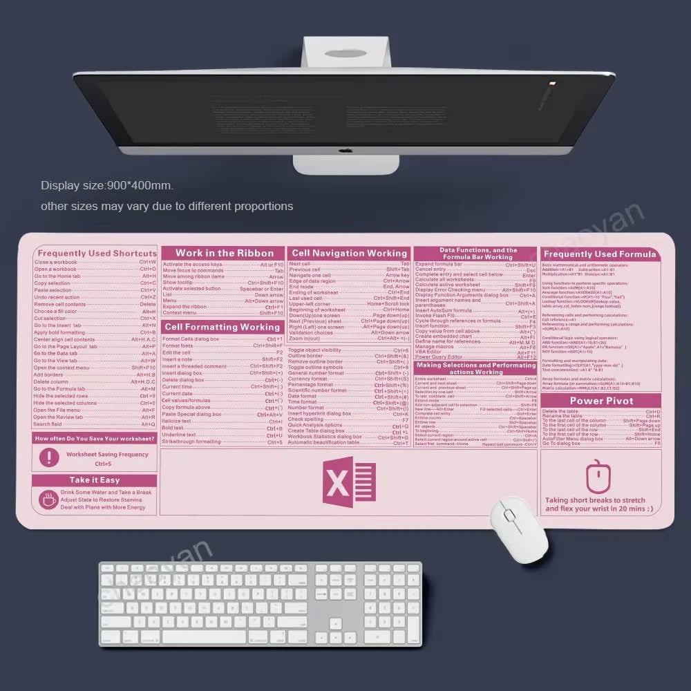 Tapis de Souris XXL Raccourcis Excel – Grand Tapis Antidérapant avec Bords Cousus, Accessoire de Bureau & Gaming, Ultra-Large pour Clavier + Souris