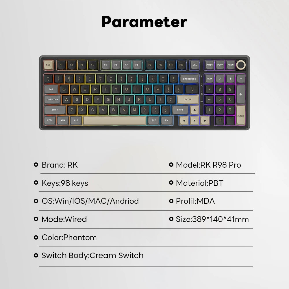 Clavier Mécanique AZERTY RK R98 Pro – 98 Touches, Switches Interchangeables, RGB Personnalisable, Tactile & Silencieux, Boutons Enfichables, Touches PBT Premium
