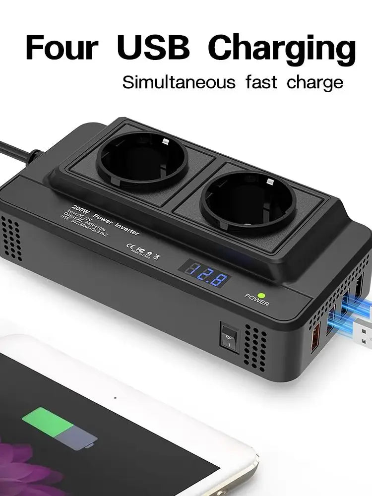 Convertisseur 12V → 220V 200W – 2 Prises + 4 Ports USB QC3.0
