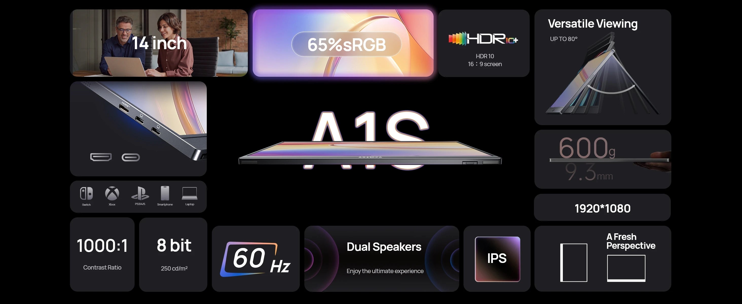 Écran Portable ARZOPA 14” FHD 1080P – Moniteur IPS USB-C & HDMI, Second Écran pour PC