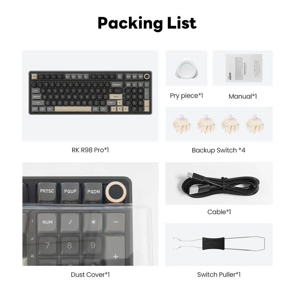 Clavier Mécanique AZERTY RK R98 Pro – 98 Touches, Switches Interchangeables, RGB Personnalisable, Tactile & Silencieux, Boutons Enfichables, Touches PBT Premium